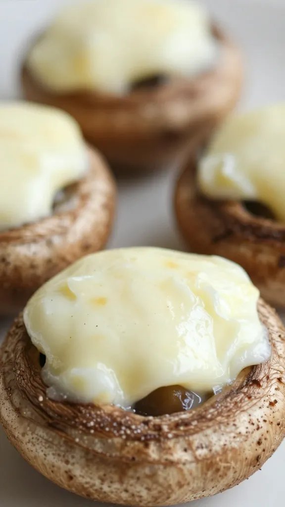 Closeup of Italian keto stuffed portobello cap, melted mozzarella
