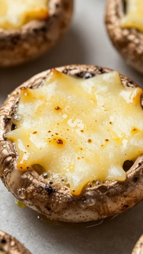 Single portobello mushroom cap broiling, bubbling garlicky cheese