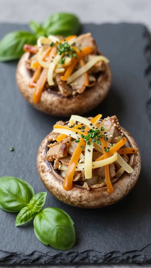 Stuffed portobello on dark slate, ribbons of fresh basil