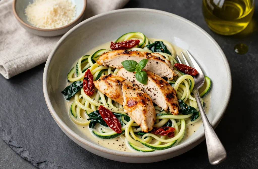 Keto Creamy Tuscan Chicken Pasta (Zoodle Style) That Slaps