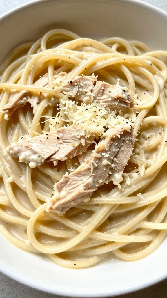 closeup bowl of creamy Tuscan chicken zoodles, parmesan garnish