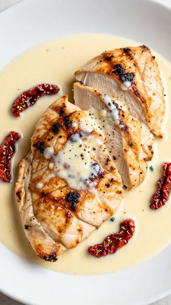 seared chicken breast slices in parmesan cream sauce, sun-dried tomatoes