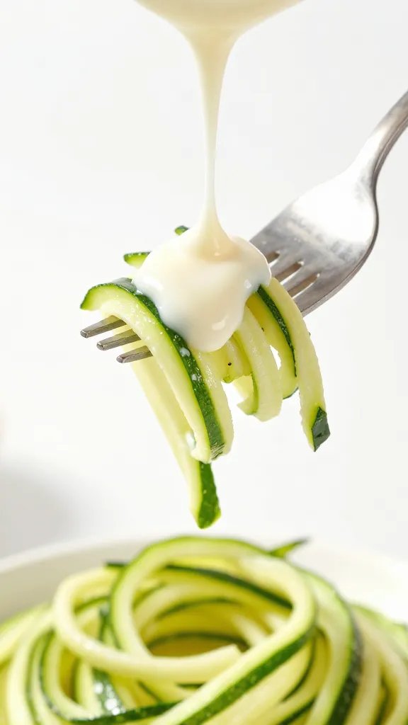 spiralized zucchini noodles twirled on fork, creamy sauce drip