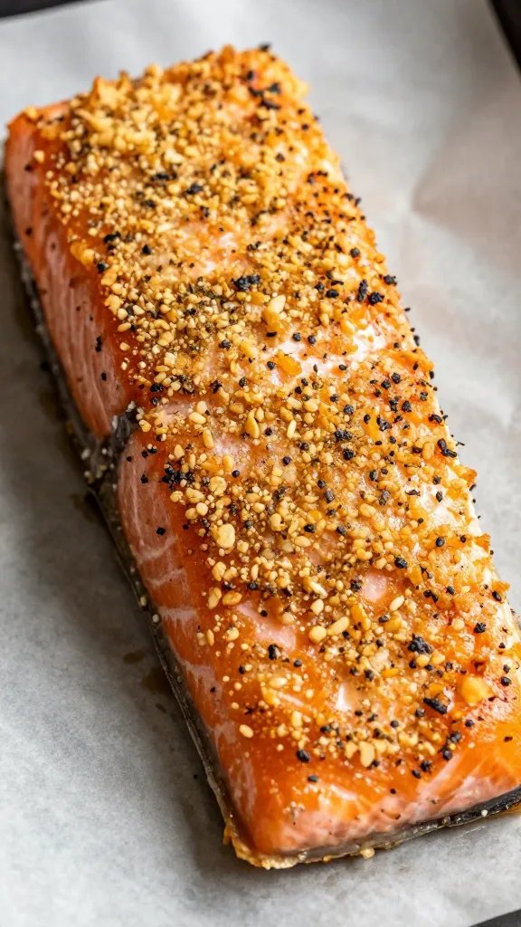 closeup herb-crusted salmon fillet on parchment, golden crust