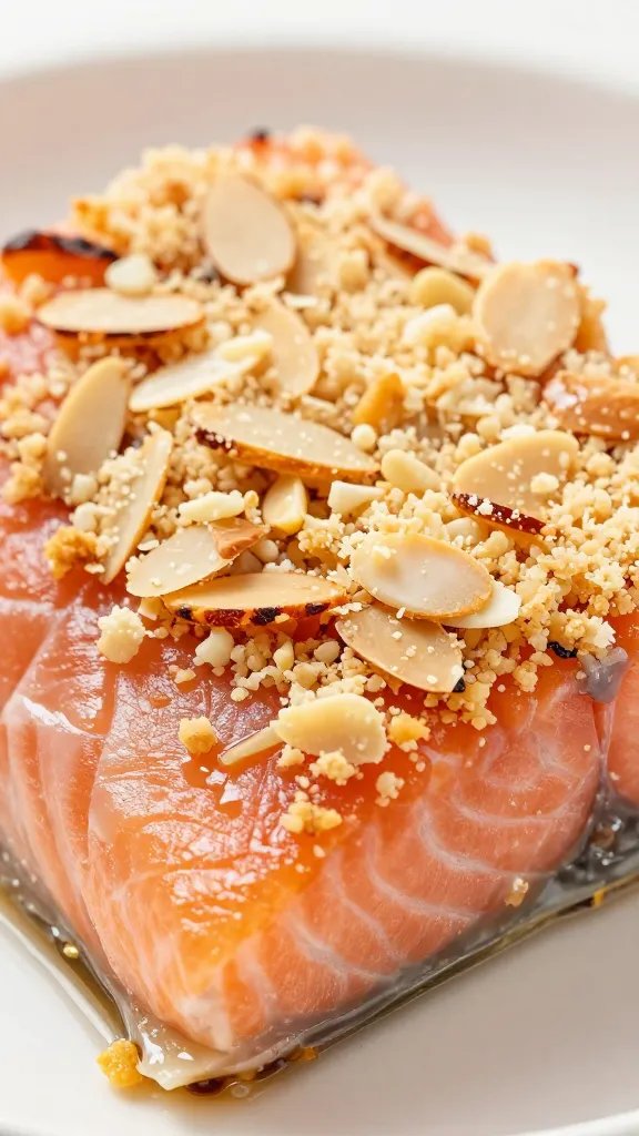 macro shot of lemon-zested Parmesan almond crust on salmon