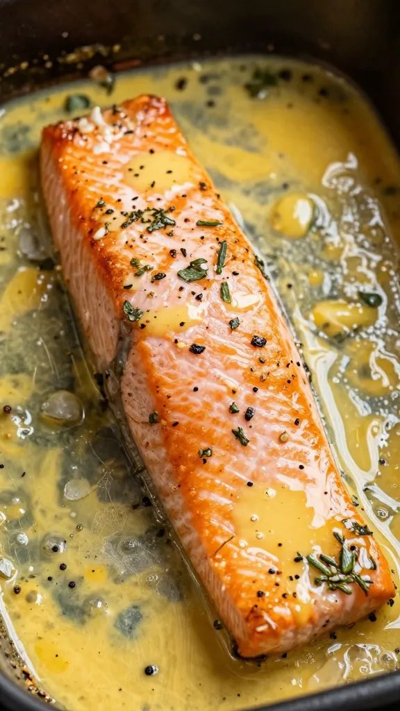 single baked salmon fillet with Italian herbs, garlic butter sheen