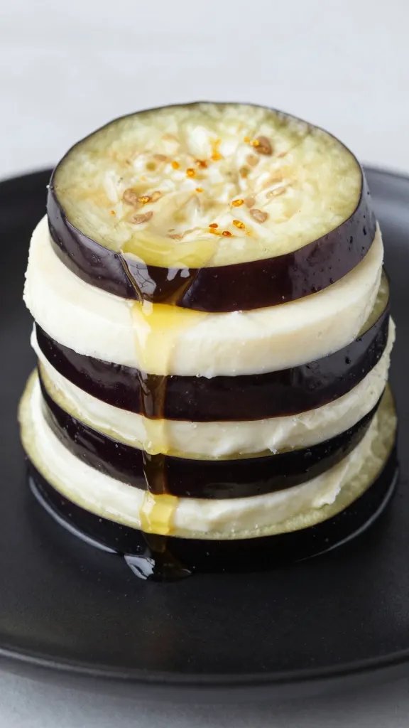 Closeup keto eggplant-mozzarella stack on matte black plate
