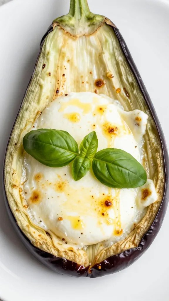 Single roasted eggplant round with melted mozzarella, basil garnish