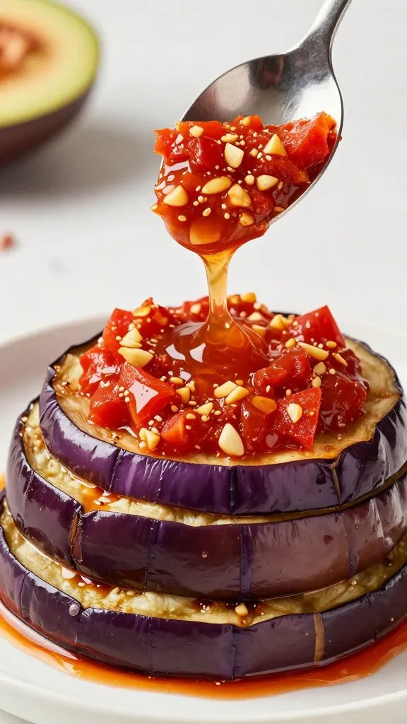 Spoon drizzling garlicky tomato sauce over eggplant stack, closeup