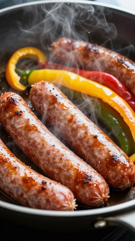 closeup skillet of Italian sausage and rainbow peppers, steaming