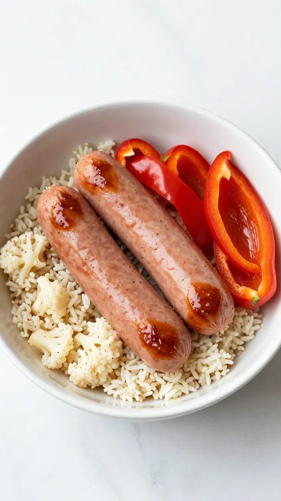 single keto sausage and peppers bowl, cauliflower rice base