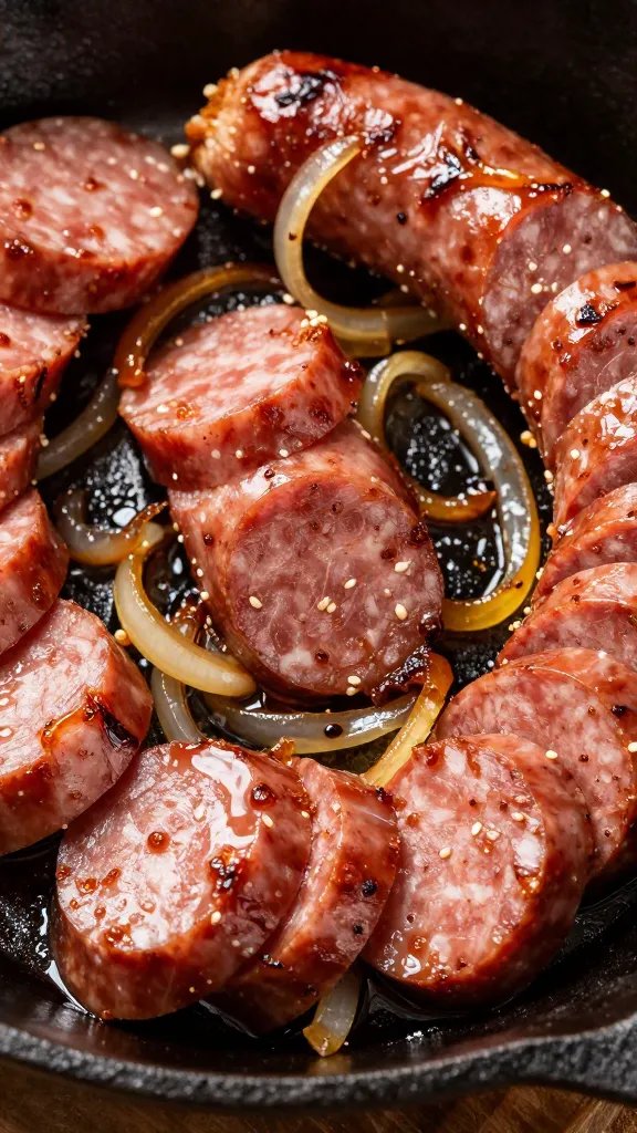 closeup sliced Italian sausage with caramelized onions, cast-iron skillet
