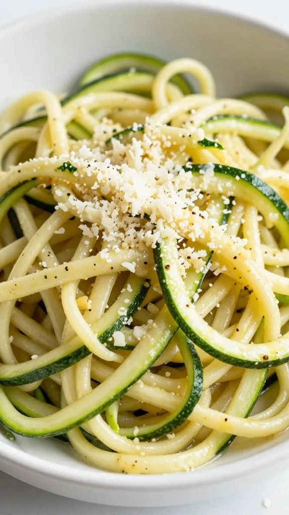 closeup bowl of garlic butter zucchini noodles with Parmesan