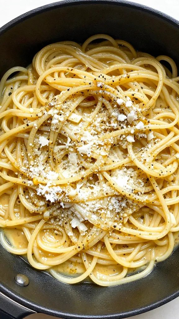 single skillet of zoodles in garlicky butter, Parmesan snow
