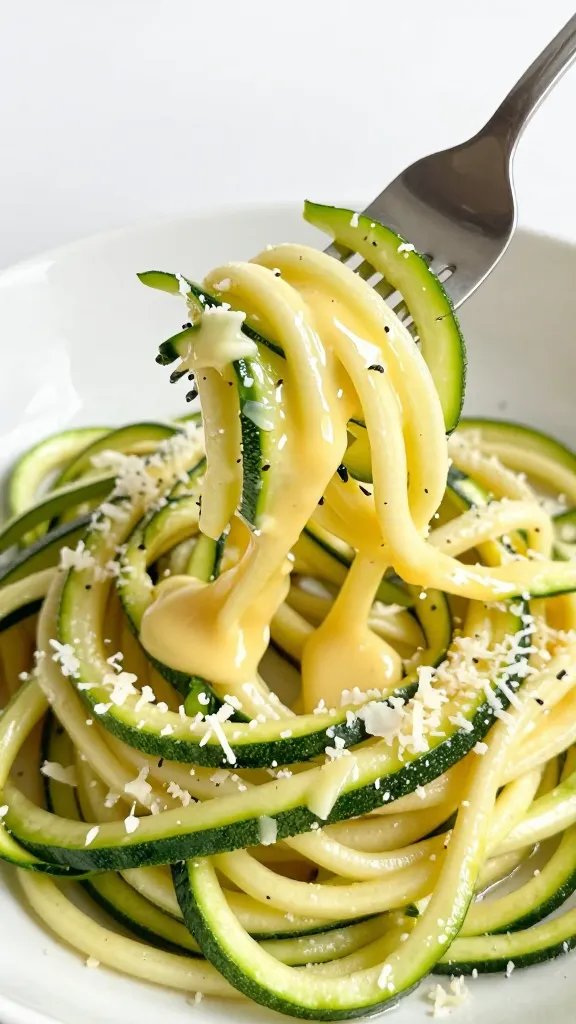 fork twirling zucchini noodles, glossy butter, grated Parmesan