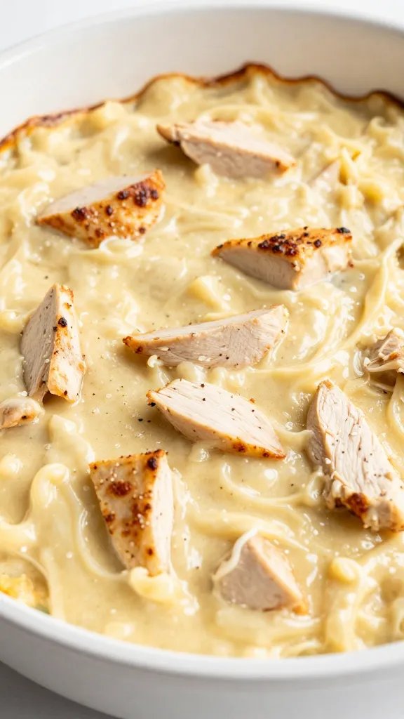closeup of low-carb chicken alfredo bake in white skillet