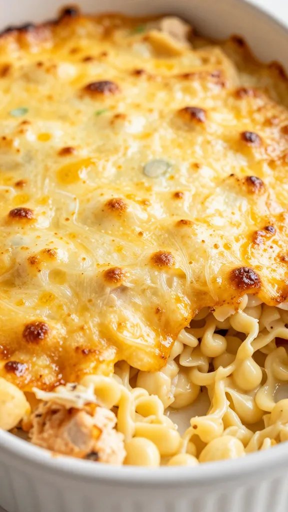 golden bubbling cheese crust on chicken alfredo bake, macro