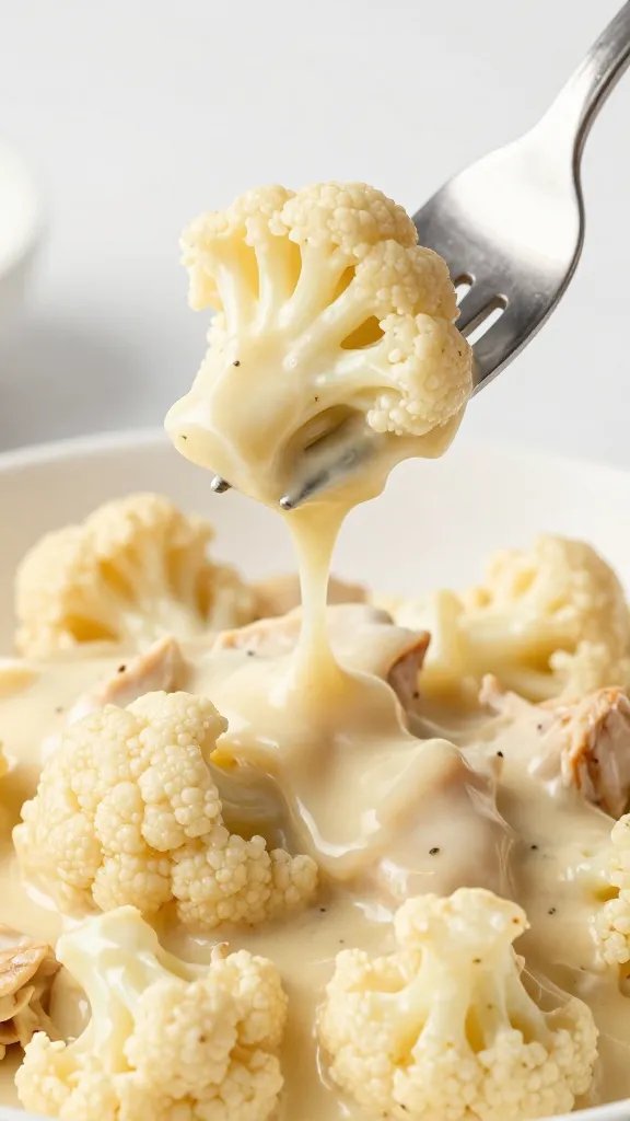 forkful of cauliflower chicken alfredo, creamy sauce drip