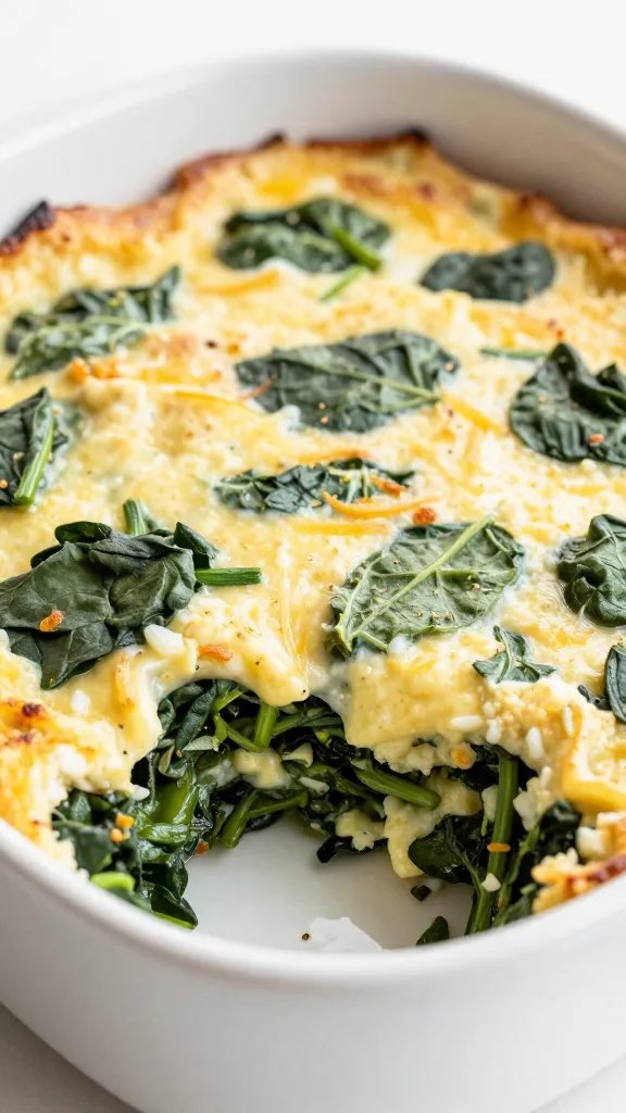 closeup of keto spinach-ricotta casserole in white ceramic dish
