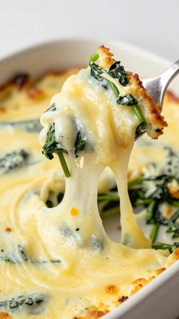 spoon lifting cheesy mozzarella stretch from keto spinach casserole