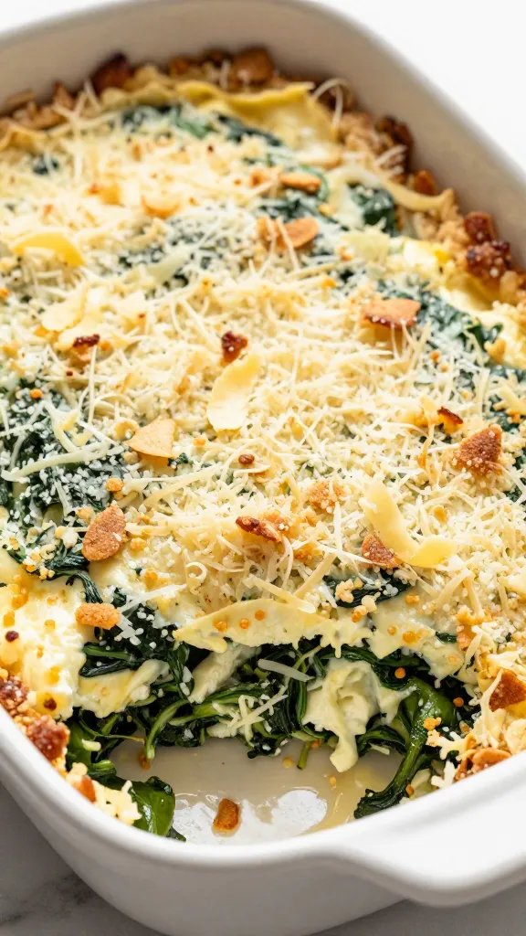 browned parmesan crust on keto ricotta spinach bake, macro shot