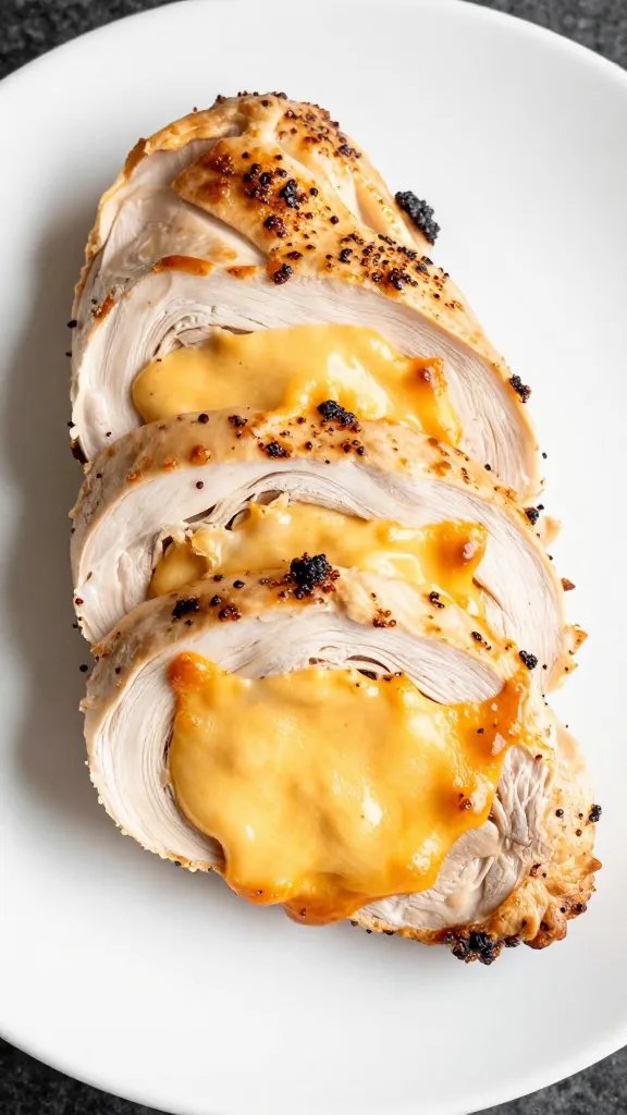 sliced stuffed chicken on white plate, melty cheese center