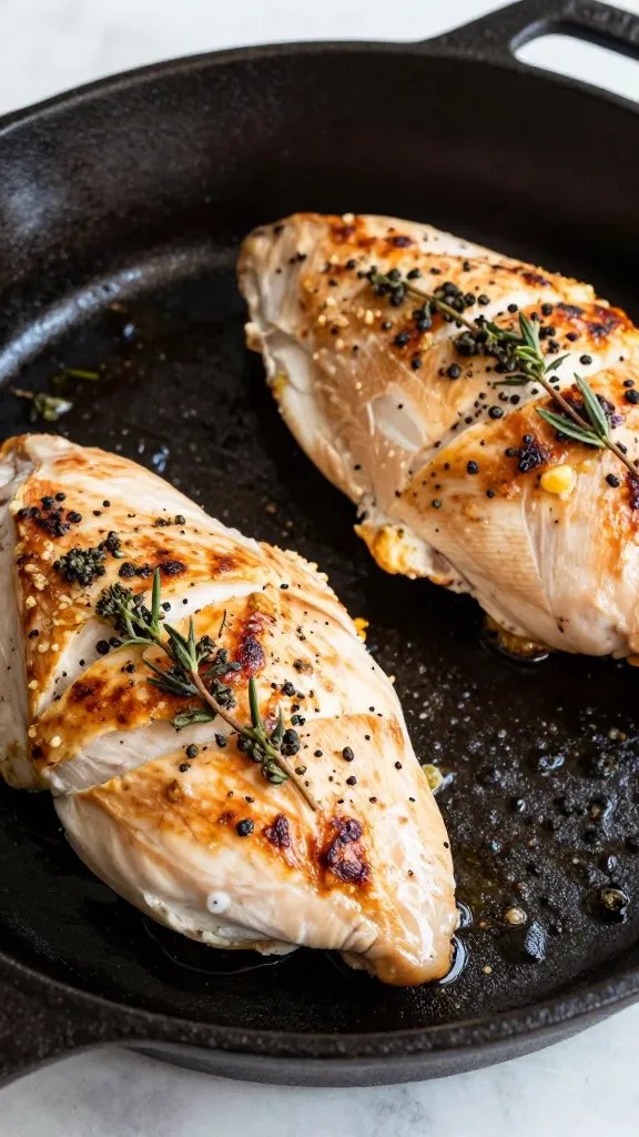 low-carb stuffed chicken breast on cast-iron skillet, herb garnish