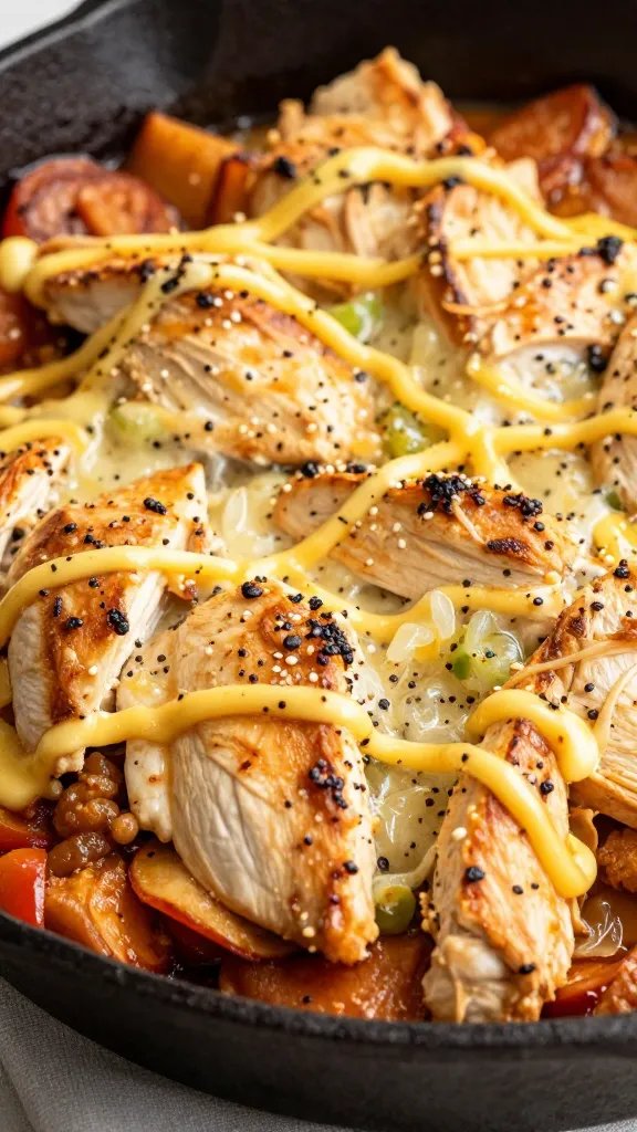 closeup of keto chicken marsala bake in cast-iron skillet