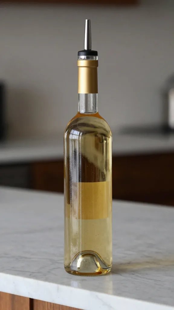 dry Marsala wine bottle with pour spout on marble counter