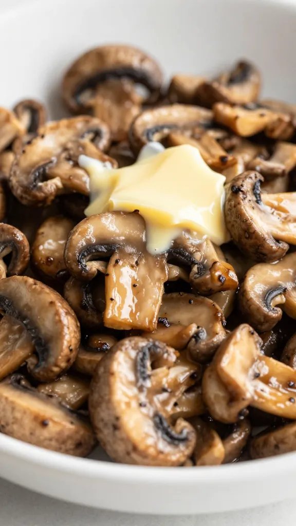 sautéed cremini mushrooms in brown butter, shallow depth of field
