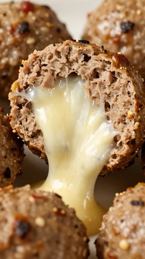 closeup of keto meatball sliced, melty mozzarella pull