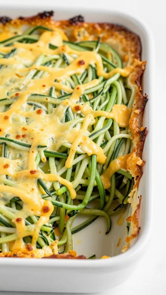 baked zoodle casserole corner with crispy cheese edges