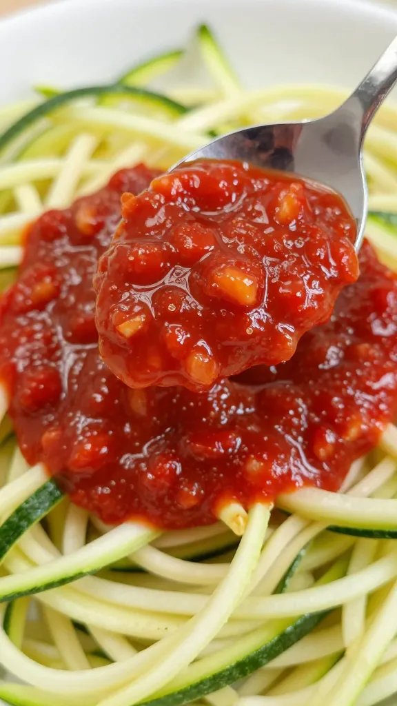spoonful of rich tomato sauce over zucchini noodles closeup
