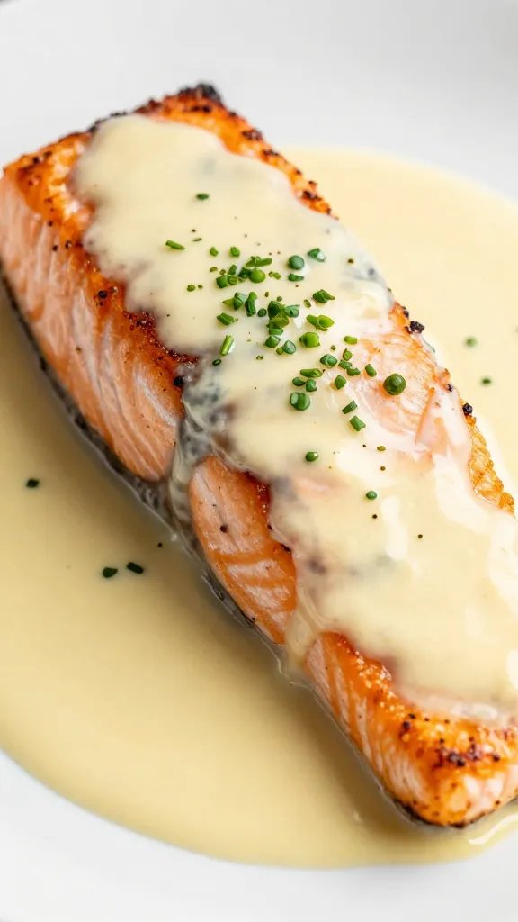 seared salmon fillet with Tuscan garlic butter sauce, closeup