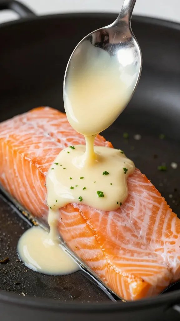 spoon drizzling creamy Tuscan garlic butter over salmon, macro