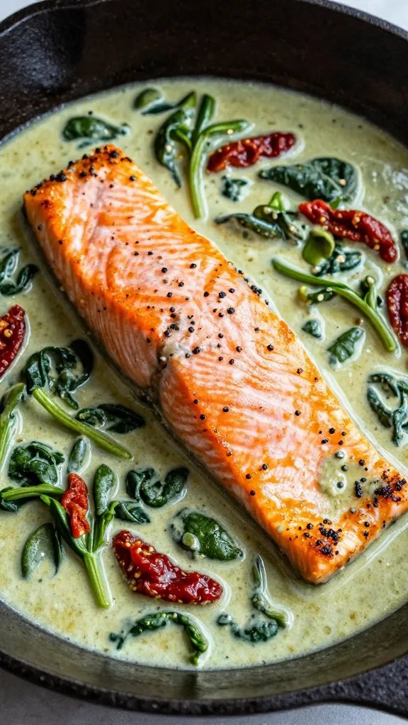 cast-iron skillet salmon in creamy spinach sun-dried tomato sauce, closeup