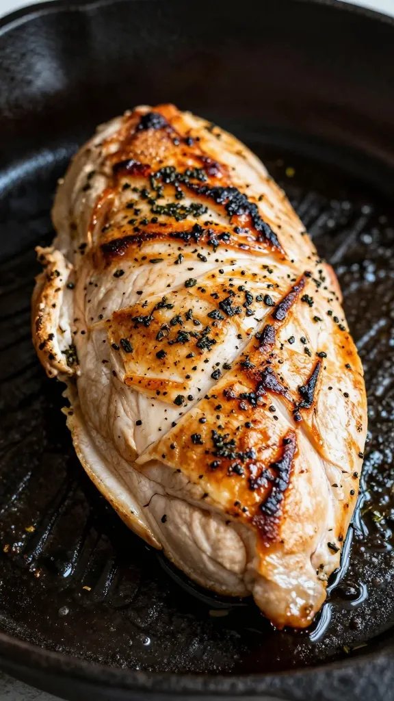 closeup seared Italian herb chicken breast in cast-iron skillet