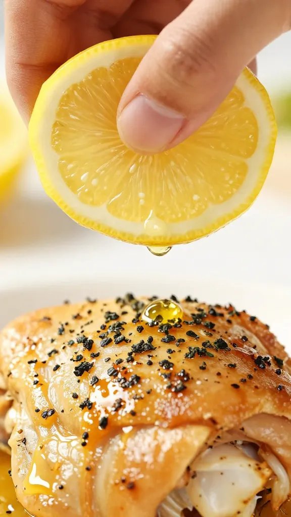 lemon wedge squeezing over herb-crusted chicken thigh, macro shot
