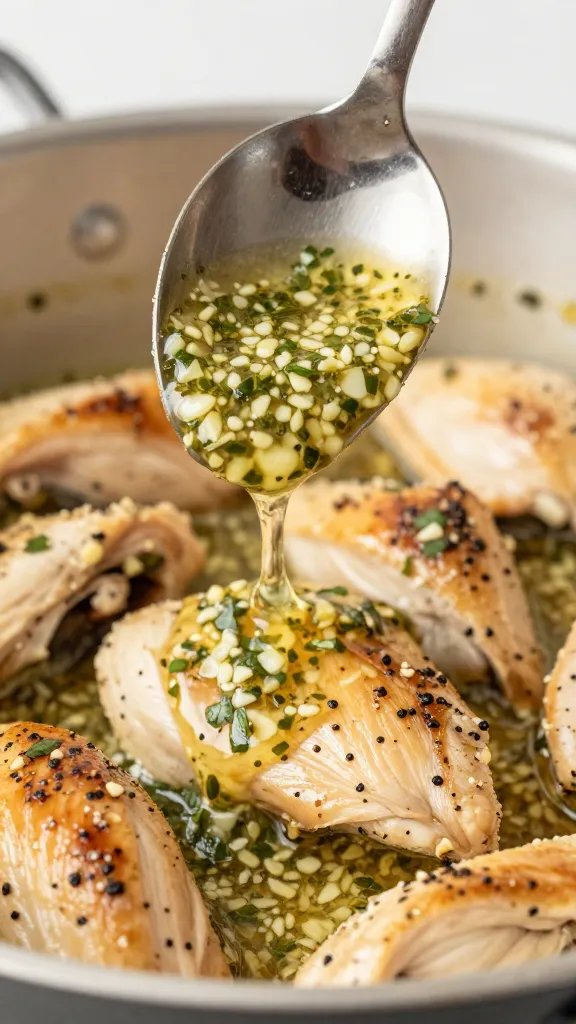 spoon drizzling garlic-herb pan sauce onto chicken, tight shot