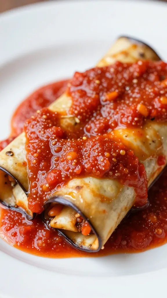 closeup single eggplant rollatini on white plate, marinara bubbling