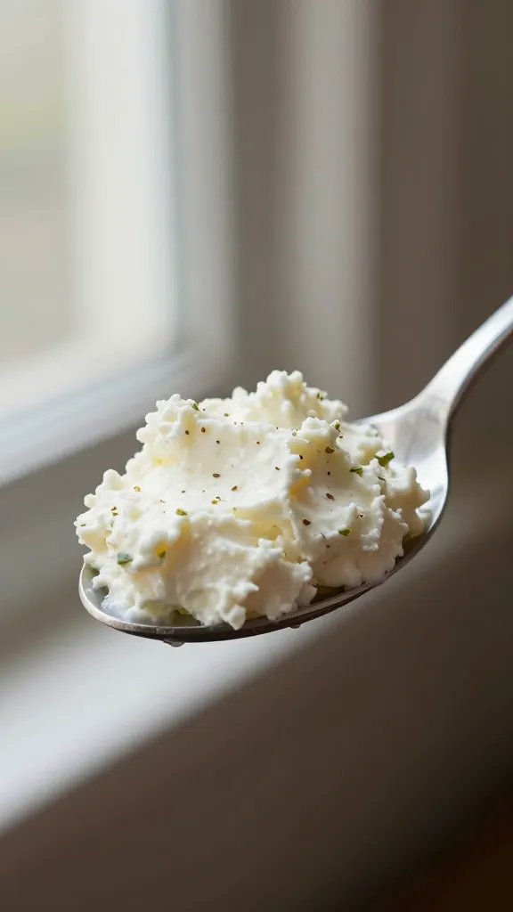 spoonful of herbed ricotta filling, soft window light