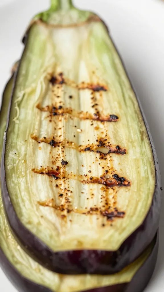 thin eggplant slice on grill marks, macro food photography