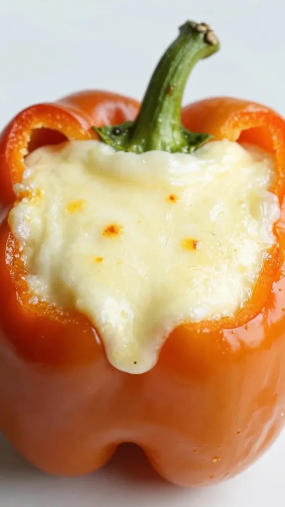 Closeup single keto Italian stuffed bell pepper, melted mozzarella