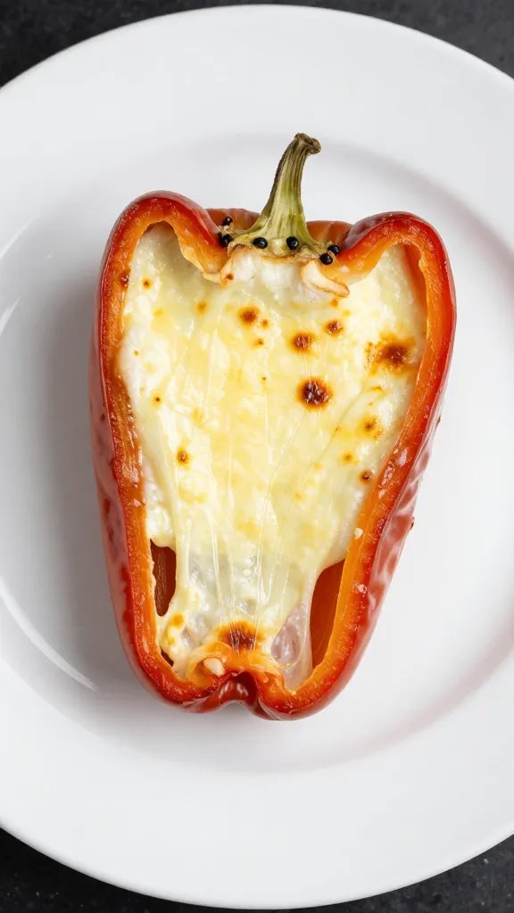 Single baked mozzarella-stretched stuffed pepper on white plate