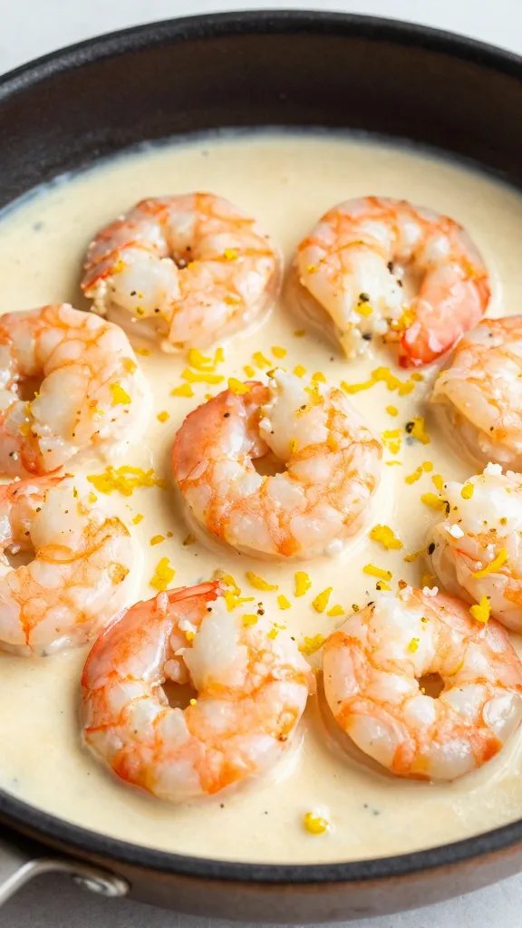 closeup skillet of creamy garlic Italian shrimp, lemon zest garnish