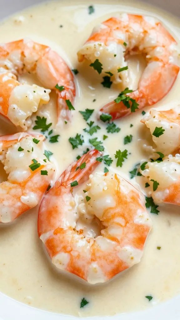 closeup shrimp in velvety garlic cream sauce, fresh parsley sprinkle