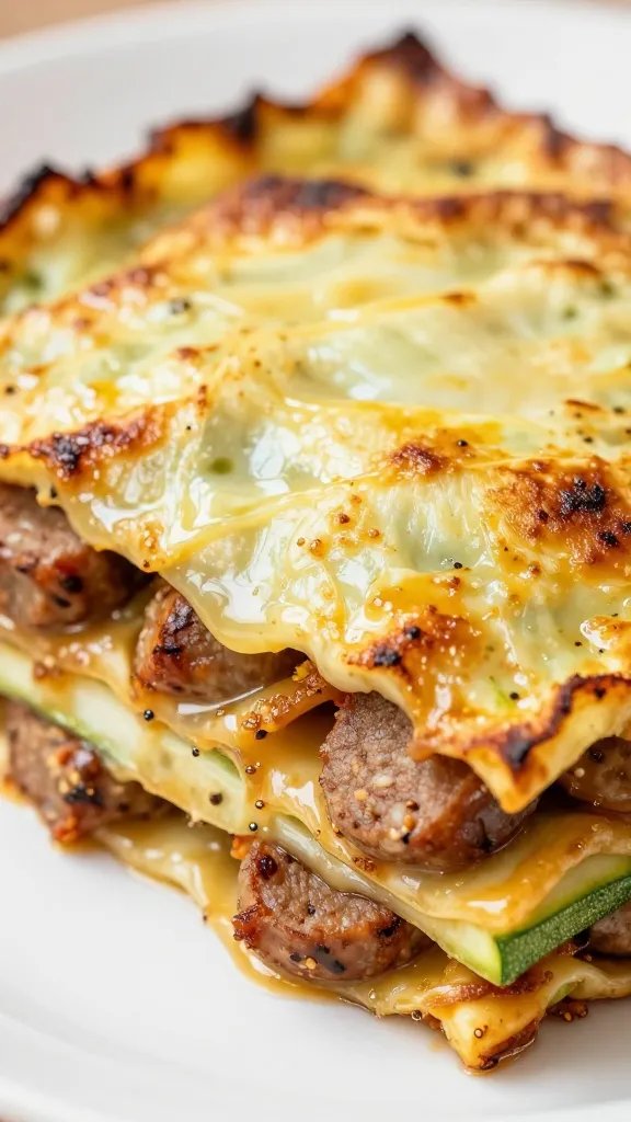 Closeup slice of zucchini lasagna with browned Italian sausage