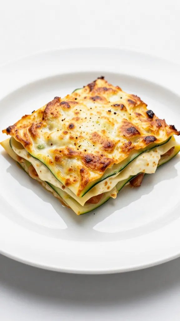 Ricotta-stuffed zucchini ribbon lasagna on white ceramic plate