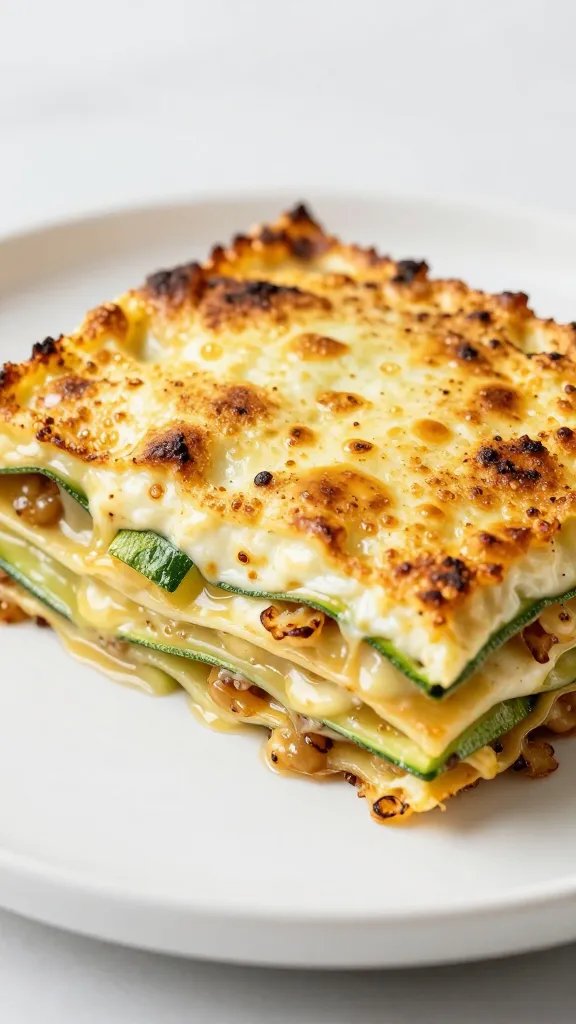 Golden-bubbly mozzarella crust on low-carb zucchini lasagna slice