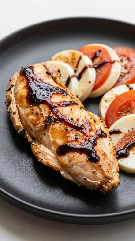 closeup balsamic-glazed chicken caprese on matte black plate
